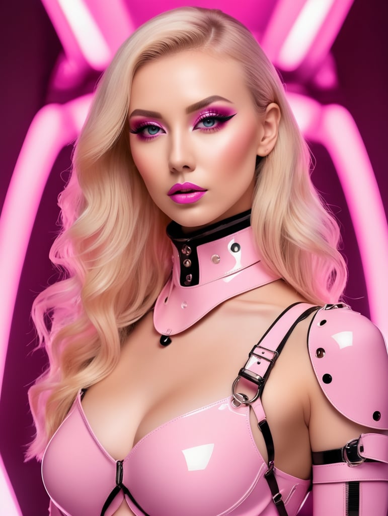 A beautiful blonde female all pink sleek futuristic harness,latex boots, clean makeup, with depth of field, fantastical edgy and regal themed outfit, captured in vivid colors, embodying the essence of fantasy, minimalist