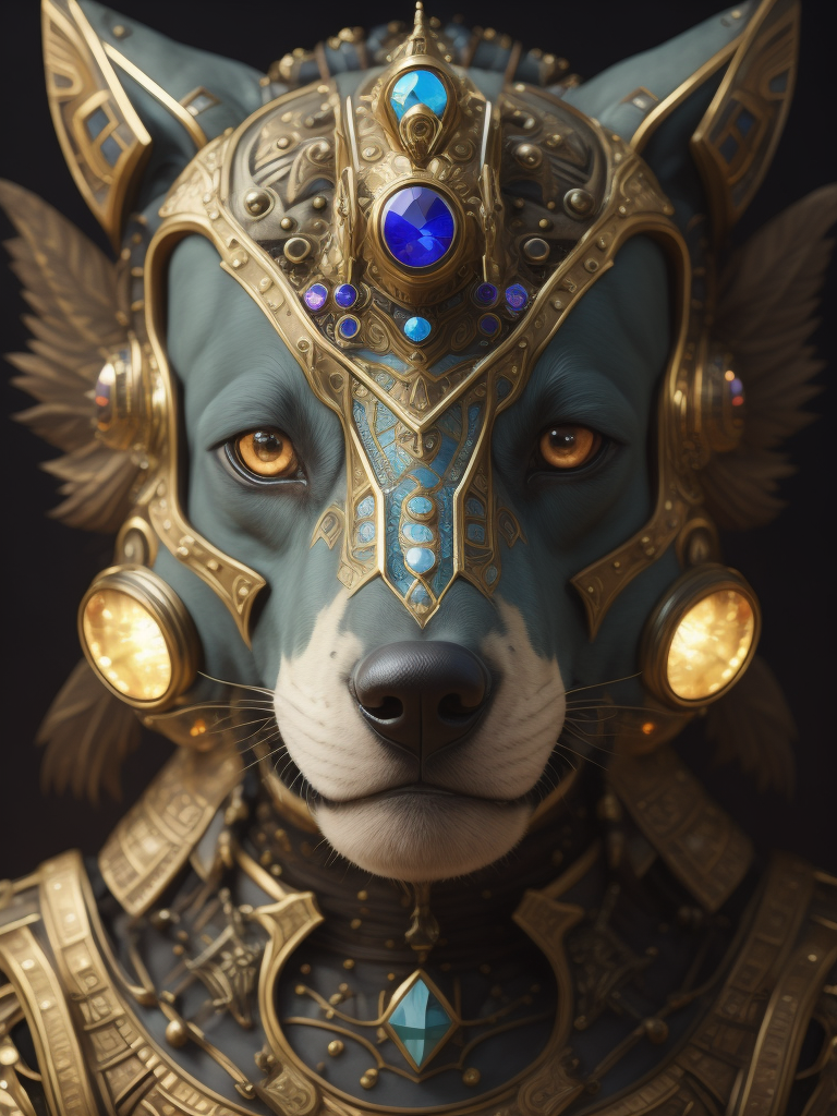 Masterpiece sculpture of an ornate bejeweled mechanical robot dog face, by annie swynnerton and diego rivera and nicholas roerich and jean delville, symbolist, dramatic lighting, god rays, elaborate geometric ornament, art brut, rich colors, smooth, sharp focus, extremely detailed, adolf wolfli and donato giancola