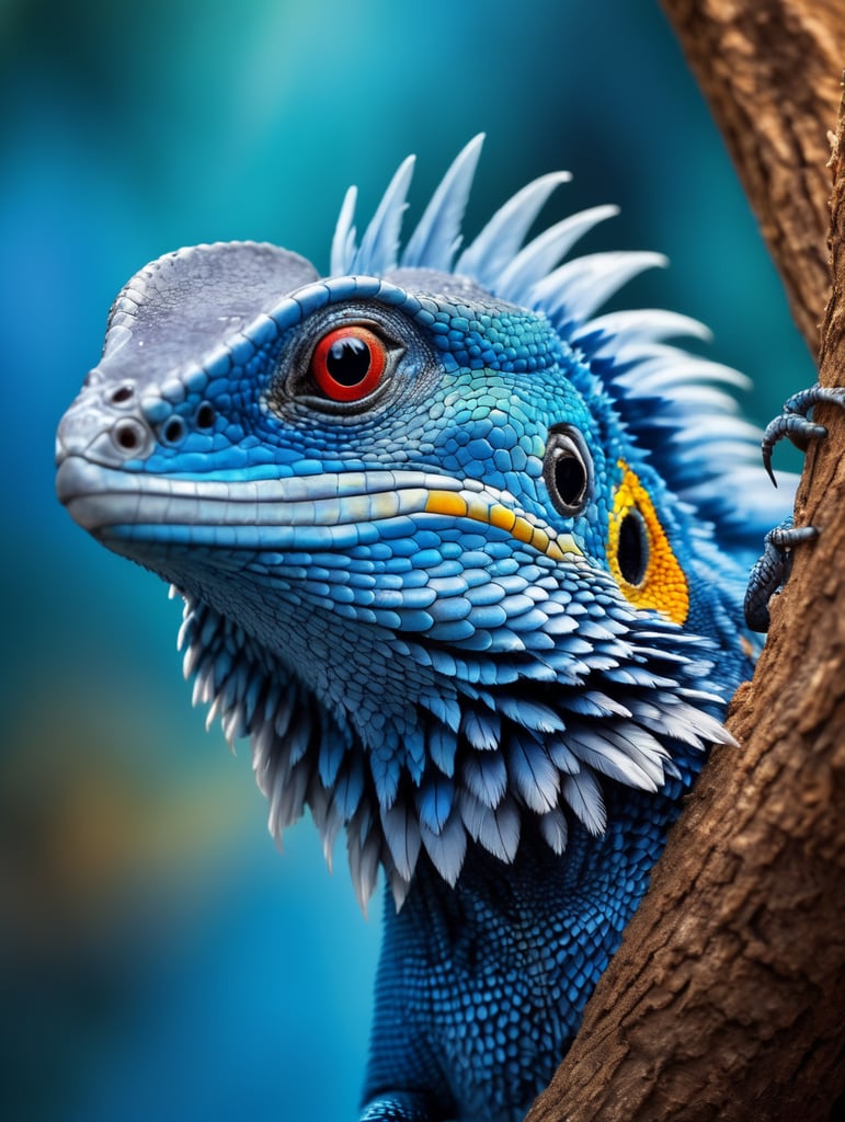 Blue feathered lizard, Vibrant colors, Depth of field, Incredibly high detail, Blurred background