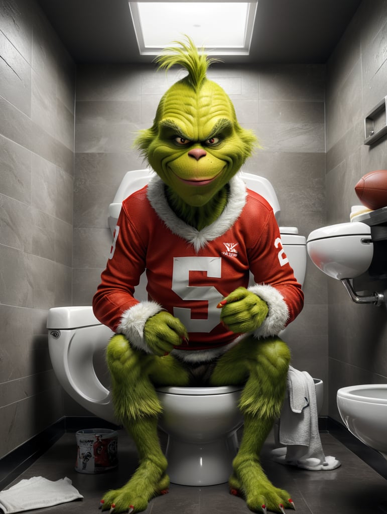 The Grinch wearing a football jersey, he has an evil grin and he is sitting on a toilet bowl in the shape of a football helmet