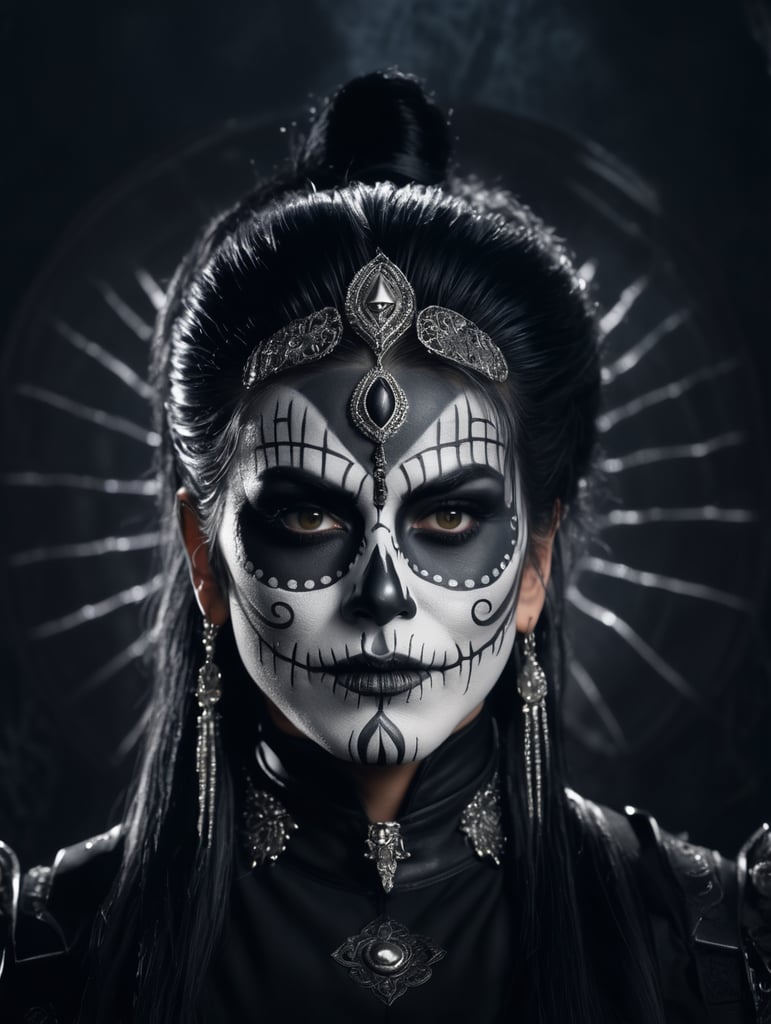 Nikki Sixx, black hair, , wearing black with silver accents, face art, make-up cinquo de mayo, day of the dead, hell background , intricate details, cinematic lighting, photo realistic, close-up portrait, DarkArt, dark background, 8k, designed by HR giger