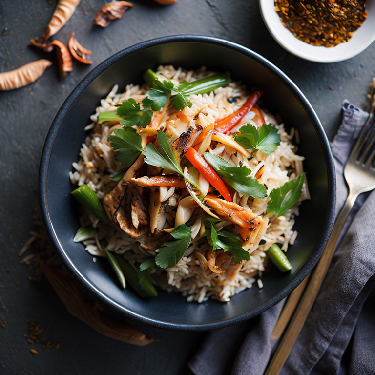 top view, thai style fried rice, shredded chicken, diced carrots, red pepper, green onions, bamboo shoot strips, chilli flakes, ginger, thai basil, unreal engine 5, very realistic, very detailed, realistic photography, 4k, 85 – mm – lens, sharp – focus, intricately – detailed, f 8, ISO 100, shutter – speed 1 125, diffuse – back – lighting, award – winning photograph, elle, small – catchlight, low – contrast, High – sharpness, depth – of – field, ultra – detailed photography, raytraced, global illumination