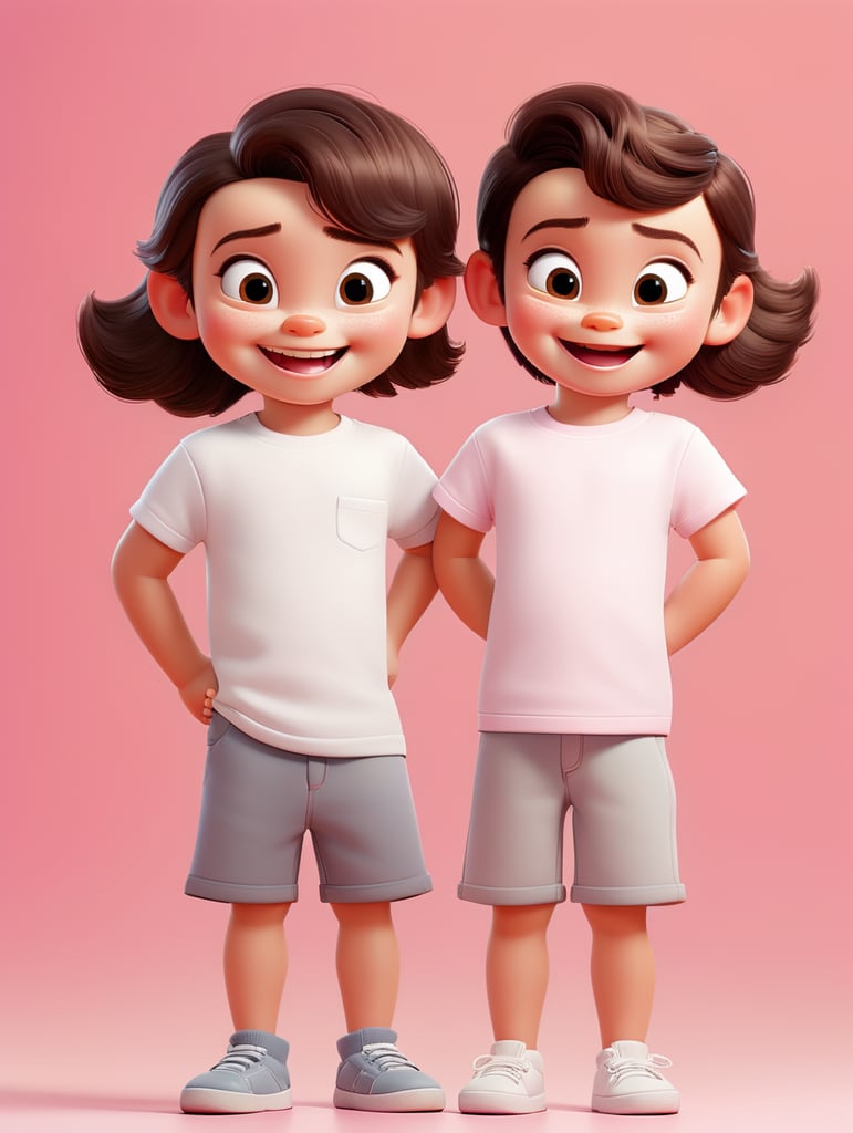 a Little boy and girl wearing white t-shirts, standing in front of pink background, blank shirts no print, 3 years old smiling toddlers, photo for apparel mock-up