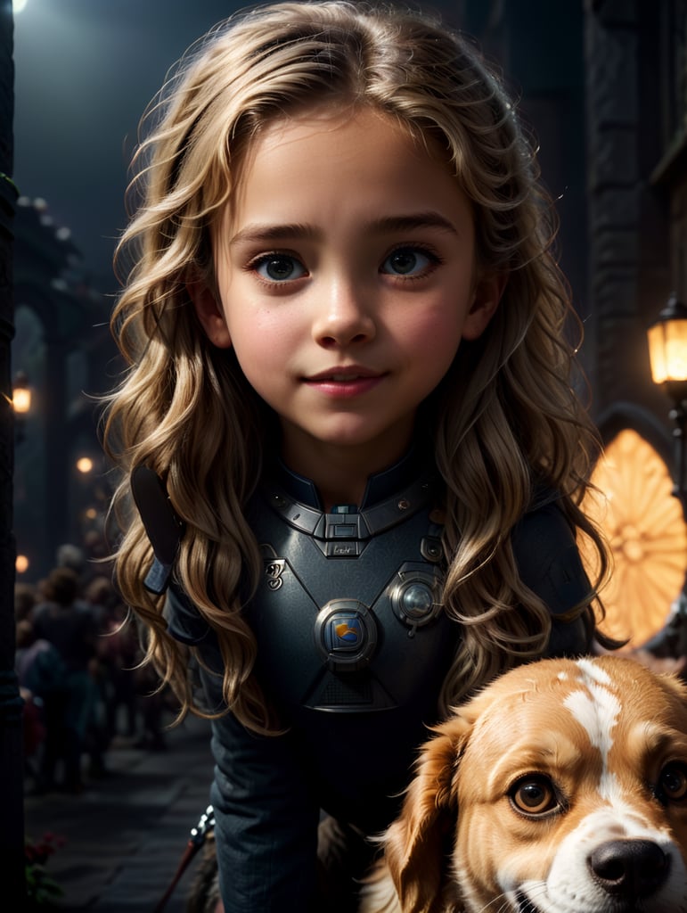 a young girl with dog, creative, and kind-hearted person with long, curly blonde hair, big eyes, small nose, and a smiling mouth, standing centered in 2D style, rendered using beautiful Disney animation, Pixar style, Disney style, 2D style