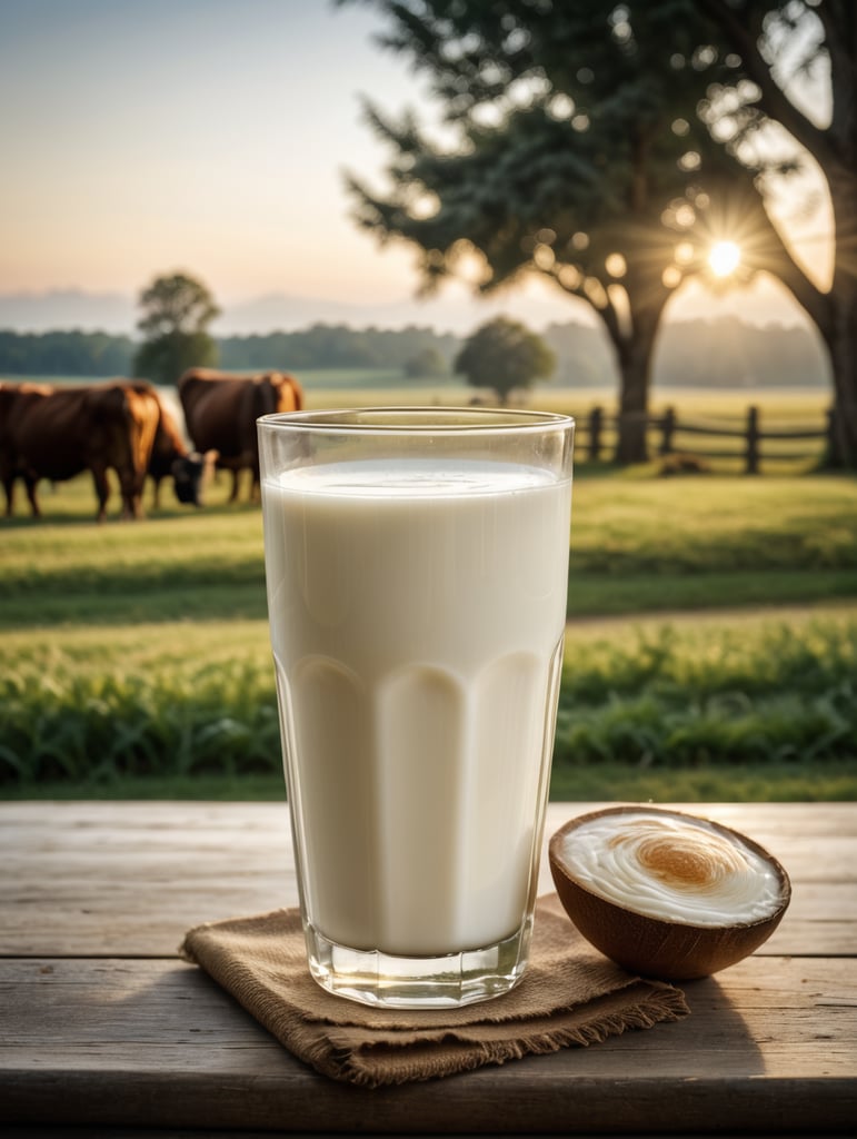 A mockup of a glass of milk, early morning, farm blurred background