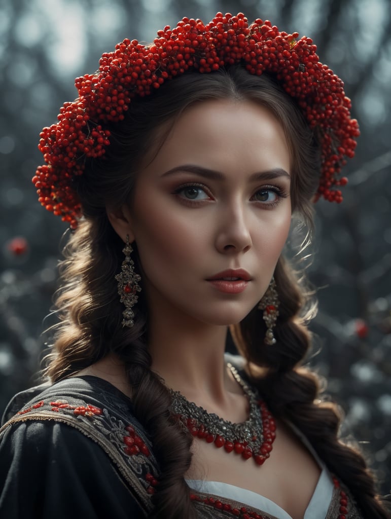 Portrait of a Beautiful women from Russian fairy tale wearing traditional costume around bunches of rowan