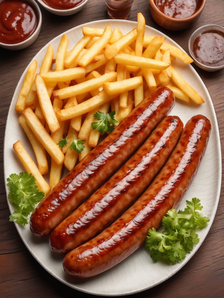 Gambar tersebut menampilkan sosis bakar yang terletak di atas wadah atau piring, ditemani oleh kentang goreng yang disusun dengan indah di sekitarnya. Sosis bakar terlihat menggoda dengan warna kecokelatan yang merata di permukaannya, memberikan kesan garing dan lezat. Aromanya yang menggugah selera tercium dari jauh. Kentang goreng yang cokelat keemasan dan renyah berjejer di sekitar sosis, menambah kelezatan hidangan tersebut. Wadah yang digunakan mungkin berupa piring atau mangkuk yang menarik, memberikan kesan estetika yang menambah selera makan. Keseluruhan gambar menggambarkan hidangan yang siap untuk dinikmati dengan penuh kenikmatan.