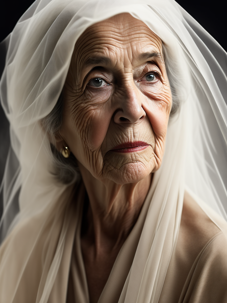 An ultrarrealistic photo of a beautiful woman seat, over 85 years old, sad look, only covered by a transparent white flowing veil, soft light, side light, white background, perfect skin folds