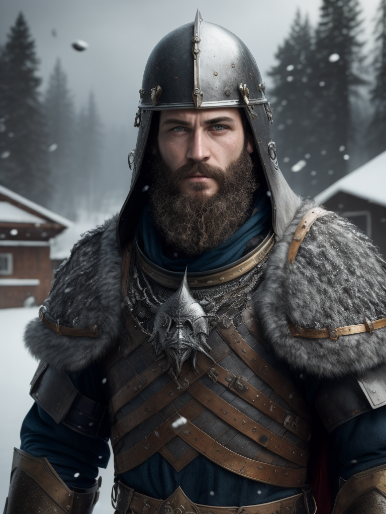 Portrait of a medieval Slavic warrior with a beard, wearing a helmet and chain mail, gray-blue eyes, a face stained with blood, against the backdrop of a winter landscape