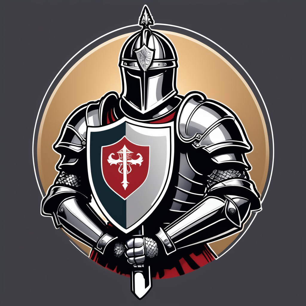 arafed knight with sword and shield logo design, strong fantasy knight, professional logo design, sword design, medieval knight, (((knight))), fantasy knight, holy crusader medieval knight, logo vector art, medieval holy crusader knight, armored knight, high quality character design, 3 d logo, logo design, knight, medieval fantasy game art, logo concept design, illustrated logo