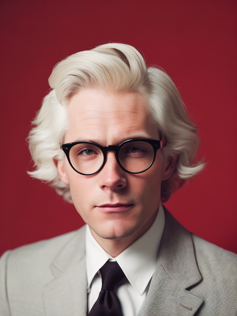 Portrait of an American man in a light suit with white hair wearing glasses with black thick rims, portrait in the style of advertising 50s, red background, sharp focus, highly detailed, vintage advertising, retro style