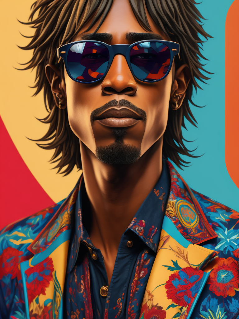 Tupac wearing a brightly patterned jacket and wayfarer glasses, Vivid saturated colors, Contrast color