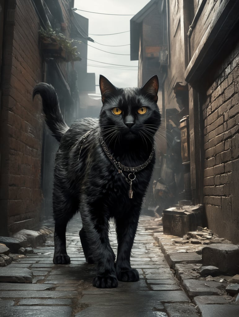 black punk cat, frank miller style, in the alley