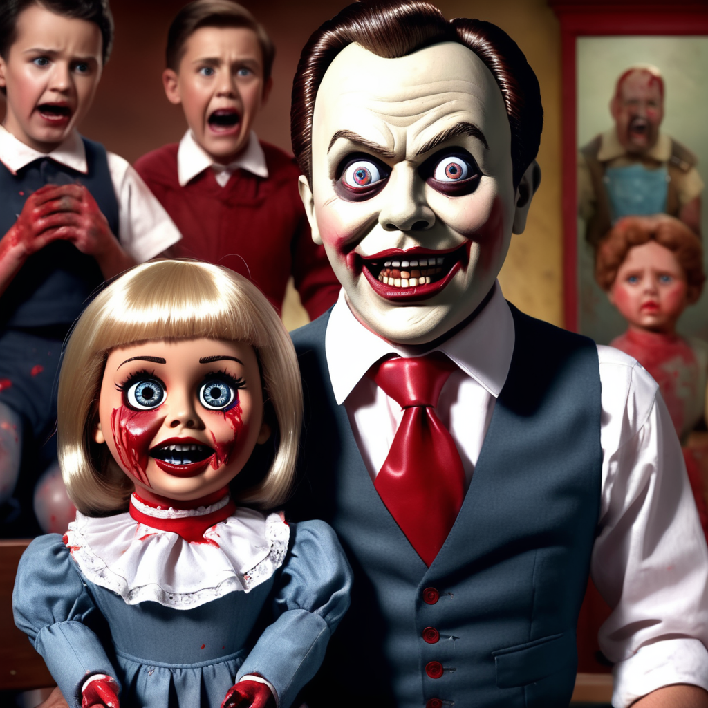 create an image of a ventriloquist and his badly made doll, the doll has become sentient and is going berserk, there is lumpy red paint everywhere, an audience of young people look on in horror, photorealistic, highly detailed