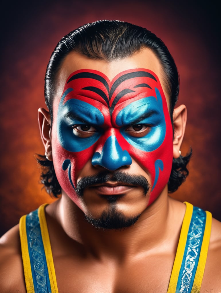 Portrait of a mexican wrestler, Mexican cartel gimmick,tag team, frontphoto, Vivid saturated colors, Contrast color, studio photo, professional photo, Rich colors, Detailed image