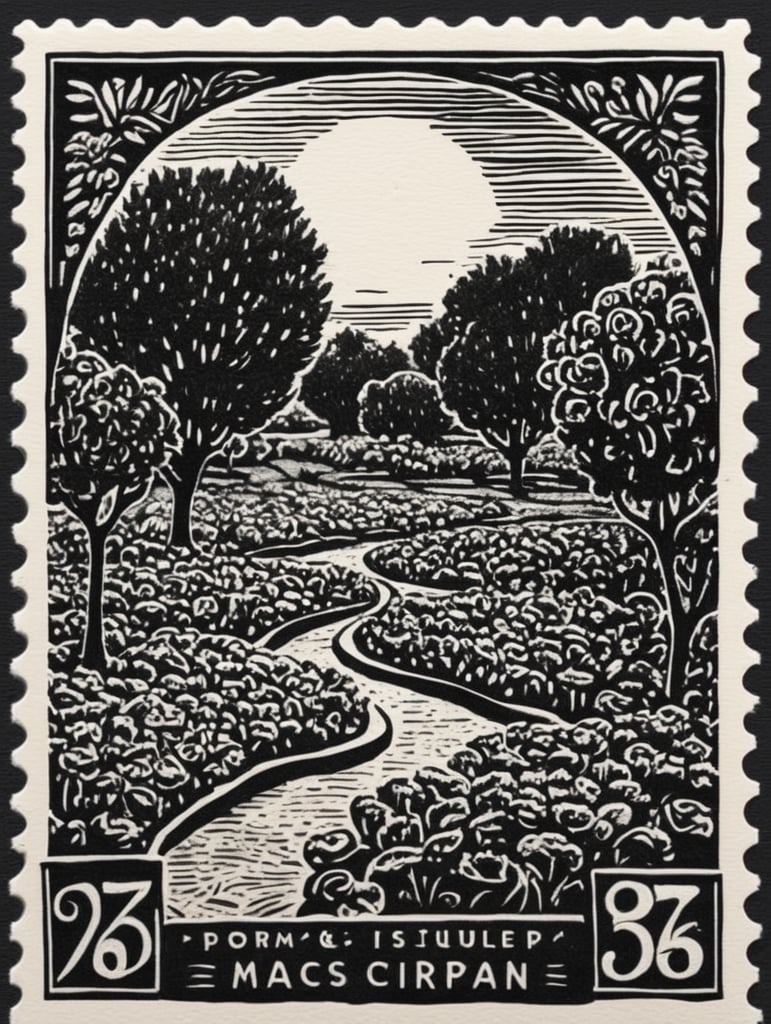 Black and white linocut postage stamp apple garden thick bold dark lines