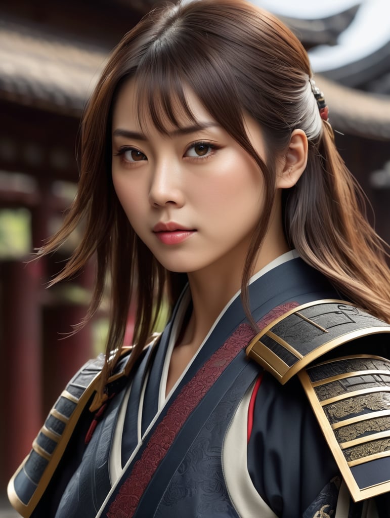 wanita jepang dengan pakaian samurai berambut sebahu, foto setengah badan, Ultra realistic human photo, realistic, raytracing, Cinematic, Ultra HD, Professional photography, ultrafine detailed, crazy details, intricate details