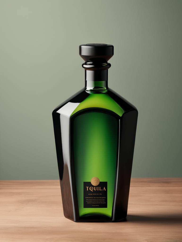 botella de tequila luxury de material ceramico negro con difuminado verde y ambar hexagonal y alta sin etiquetas, tapadera de con textura de basalto, mockup, mock up