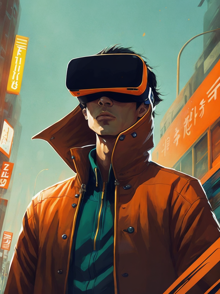 Vintage 90's anime style. a lonely men wearing a virtual reality headset walking in the street