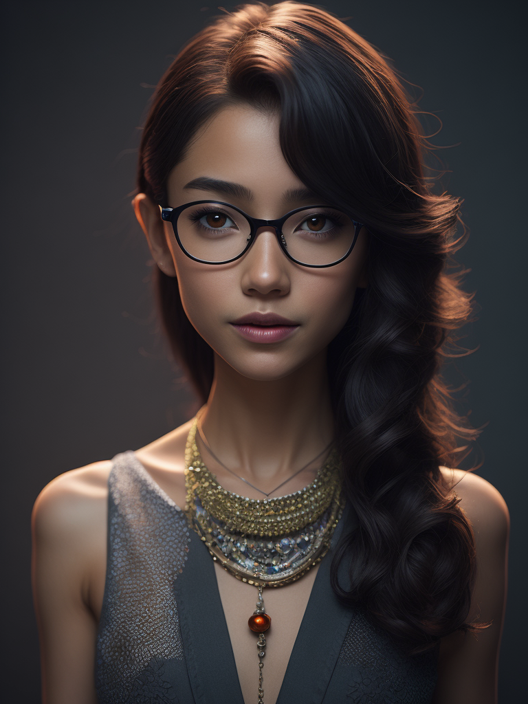 Girl, black hair, Brown eyes, glasses and necklace, Full body, standing centered, Pixar style, 3d style, disney style, 8k, Beautiful, Pixar style girl with black hair brown eyes glasses and necklace