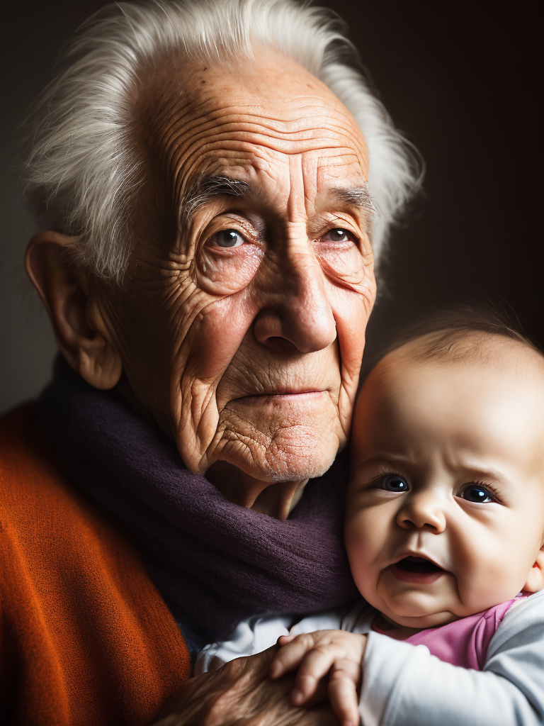 90 year old old man holding a baby in his arms, cute face, emotional photo, Vivid saturated colors, Contrast color, studio photo, professional photo, Rich colors, Detailed image, detailed face