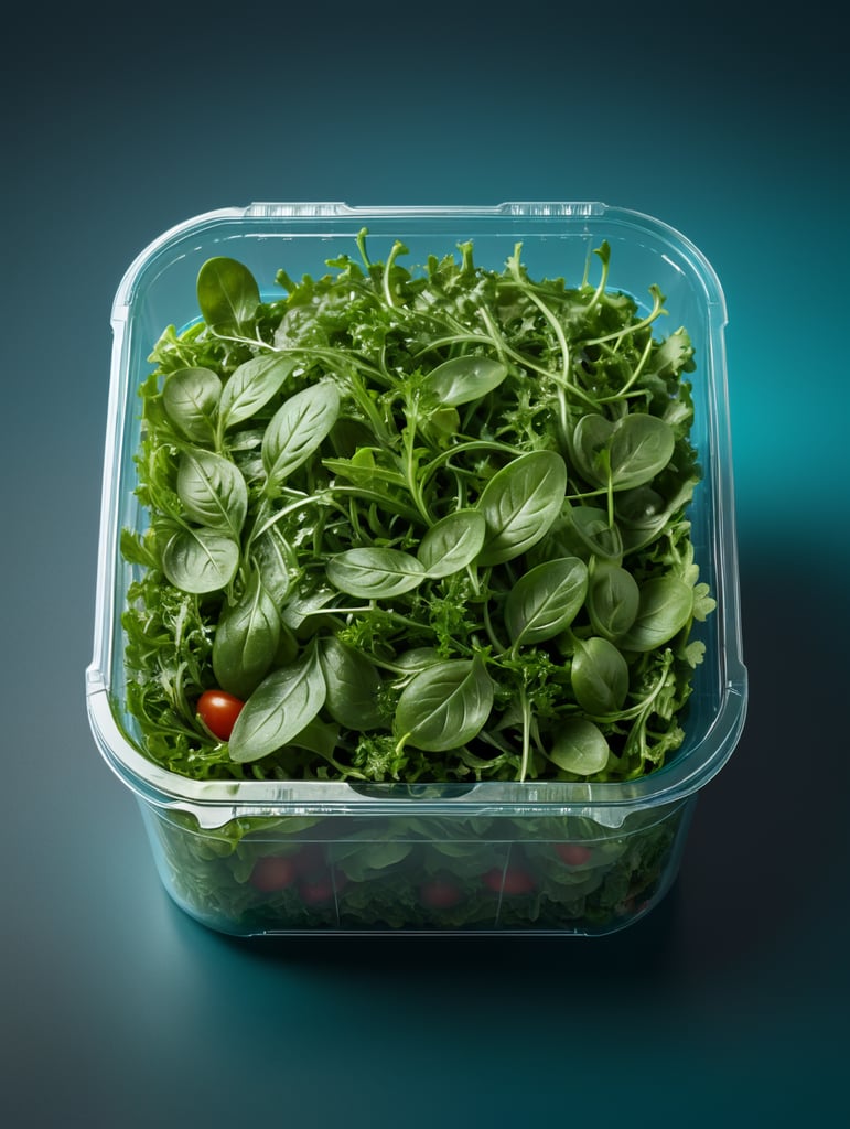 blank Transparent Plastic Container with Arugula Salad, isolated, cyan background, Mockup, mock up