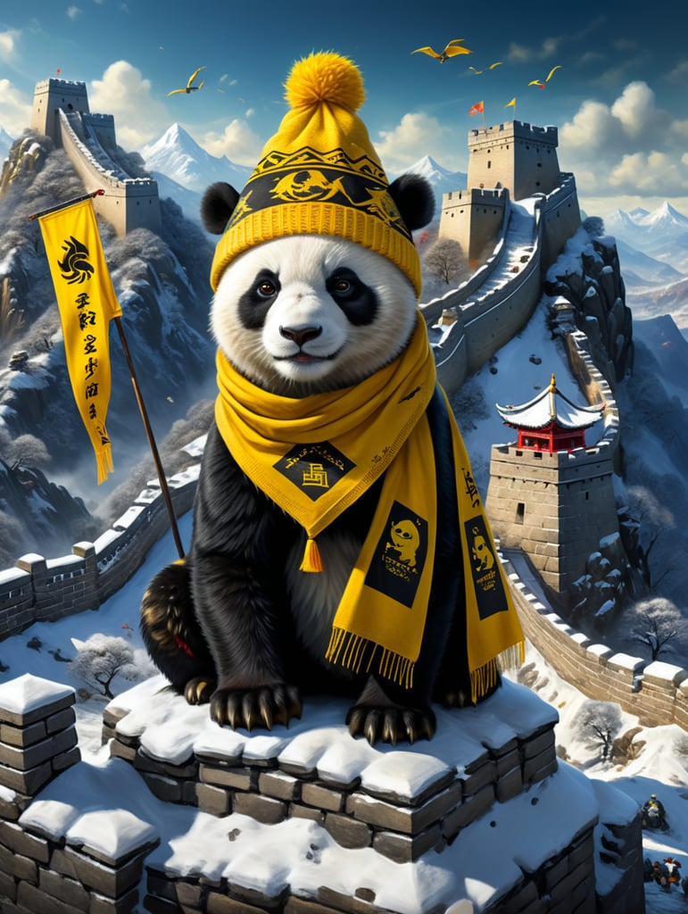 white and black panda sitting on a snowy moutain greatwall wearing a woolly hat and scarf and great wall has many yellow dragon triangle flags