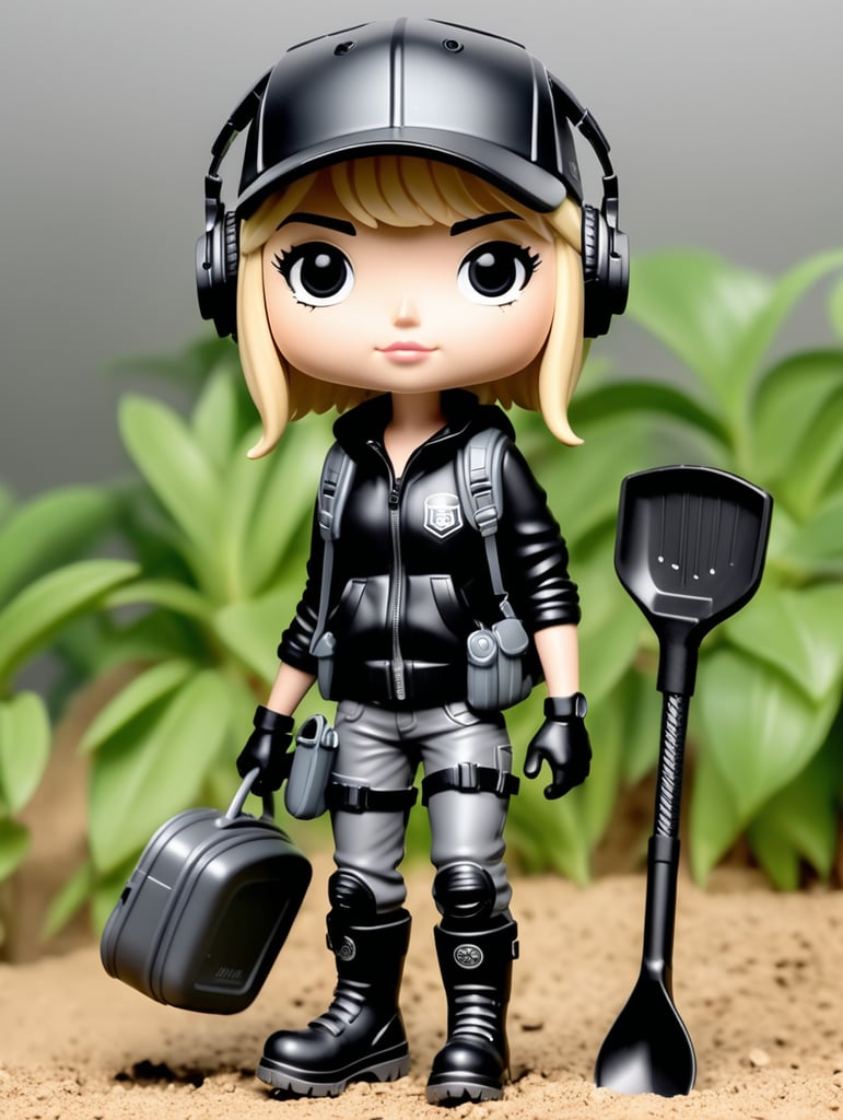 Female funko pop character with short length straight blonde hair wearing black cap and headphones black clothes with grey wellies and holding a metal detector in one hand and a shovel in the other hand with a back pack on and a tool belt around the waste