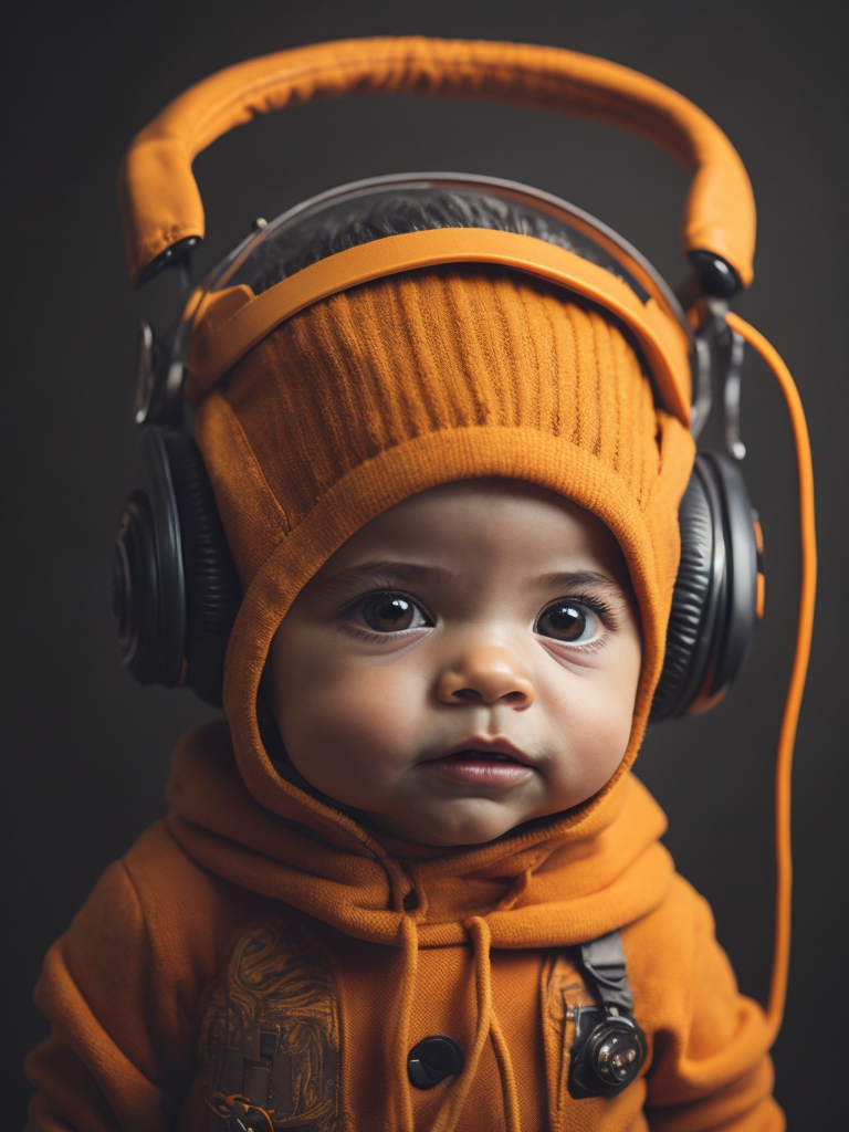 a cute baby monster character with headphone, technology style, orange color