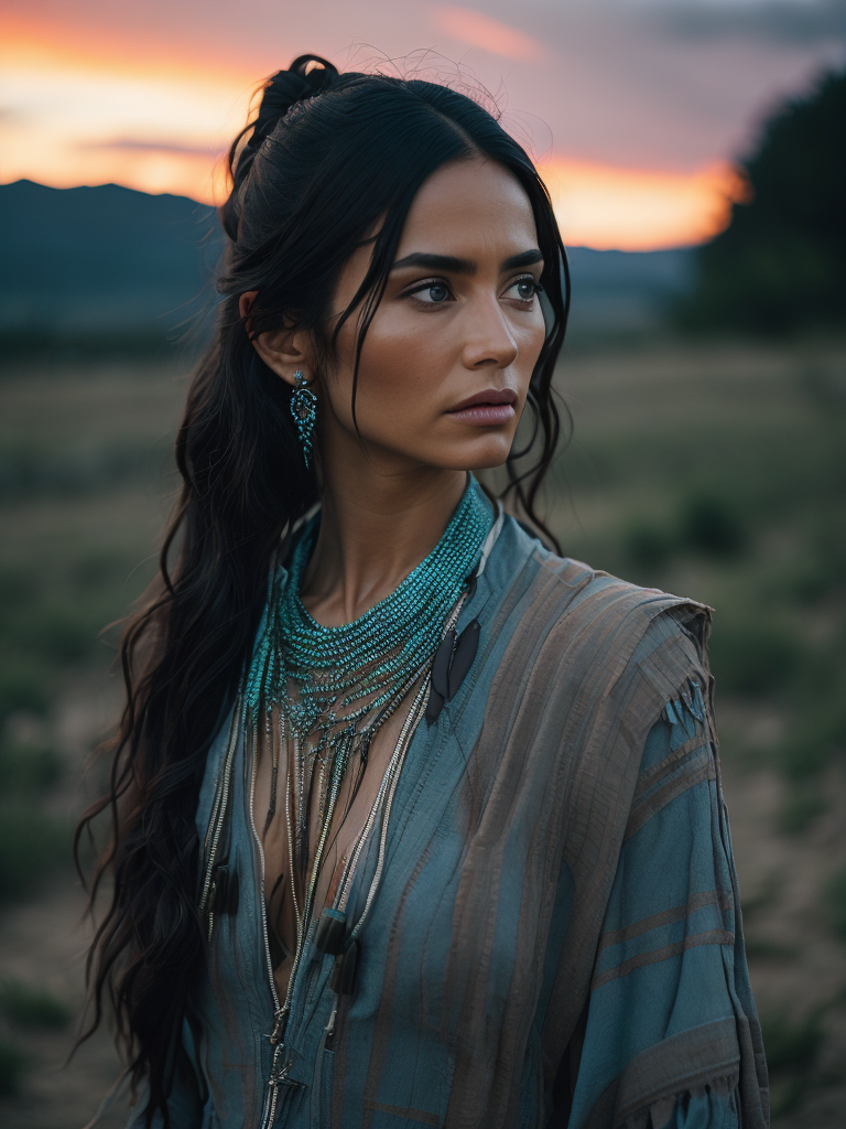 a native american princess with bright green eyes and incredibly long black hair, shown full-body with elegant clothing, turquoise necklace and earrings, feathers, shown at sunset with a gorgeous pink orange and teal sky, horses in the background, inspiring, lifelike accuracy