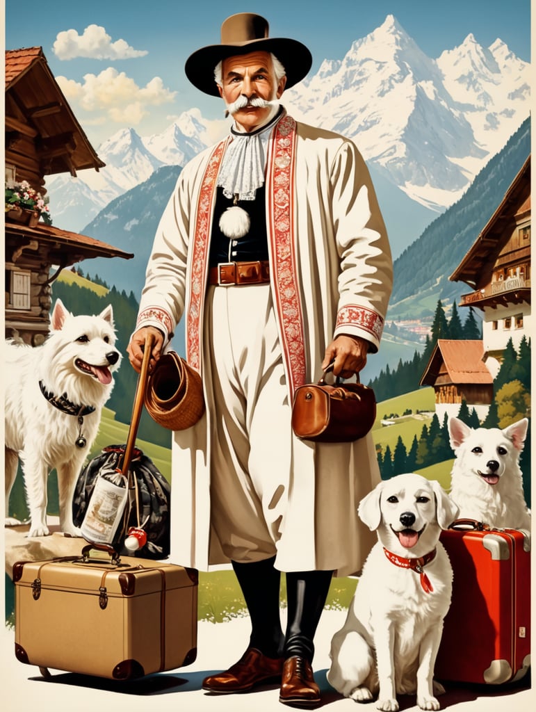 Retro poster of an old Austrian traveler with a white dog, dressed in traditional Austrian clothes, behind with things