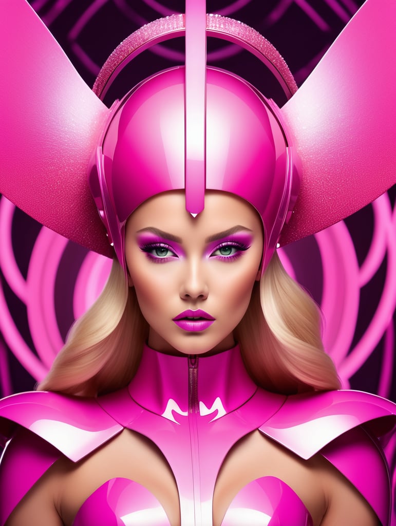 A beautiful blonde female pop artist all pink sleek futuristic outfit, with huge headpiece center piece, clean makeup, with depth of field, fantastical edgy and regal themed outfit, captured in vivid colors, embodying the essence of fantasy, minimalist