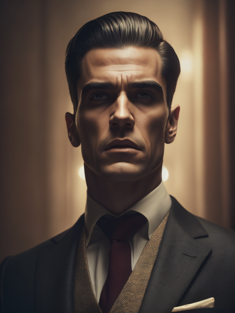 Portrait of a mafia boss in formal suit, Thick build, Hair slicked back, Aggressive look, Against a vintage interior, Subdued tones, Deep colors, contrasting light,