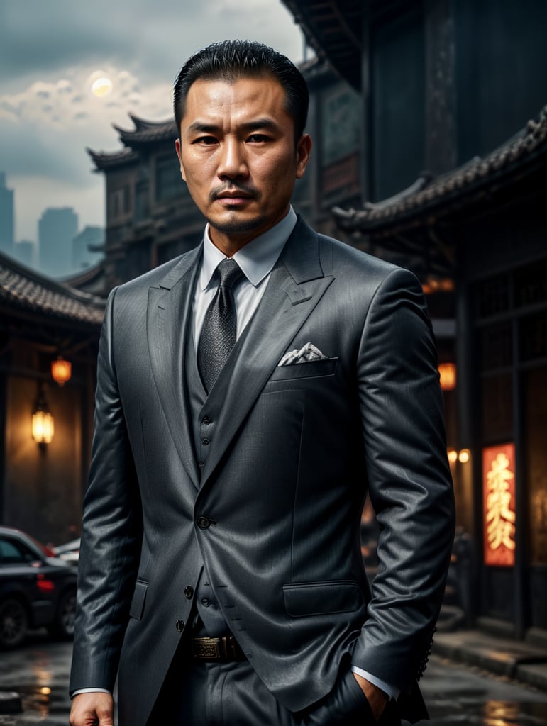 Portrait of a Chinese mafia boss in formal suit