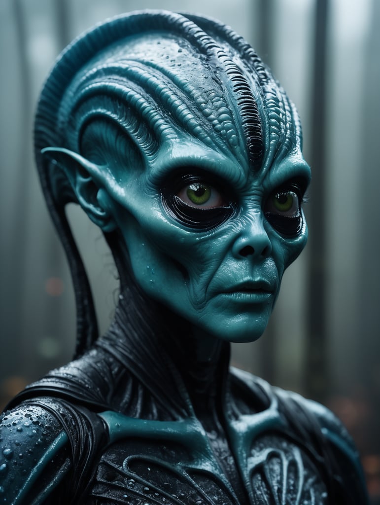 An alien dressed up like a human for halloween, raw character, 32k uhd, schlieren photography, conceptual portraiture, wet - on - wet blending