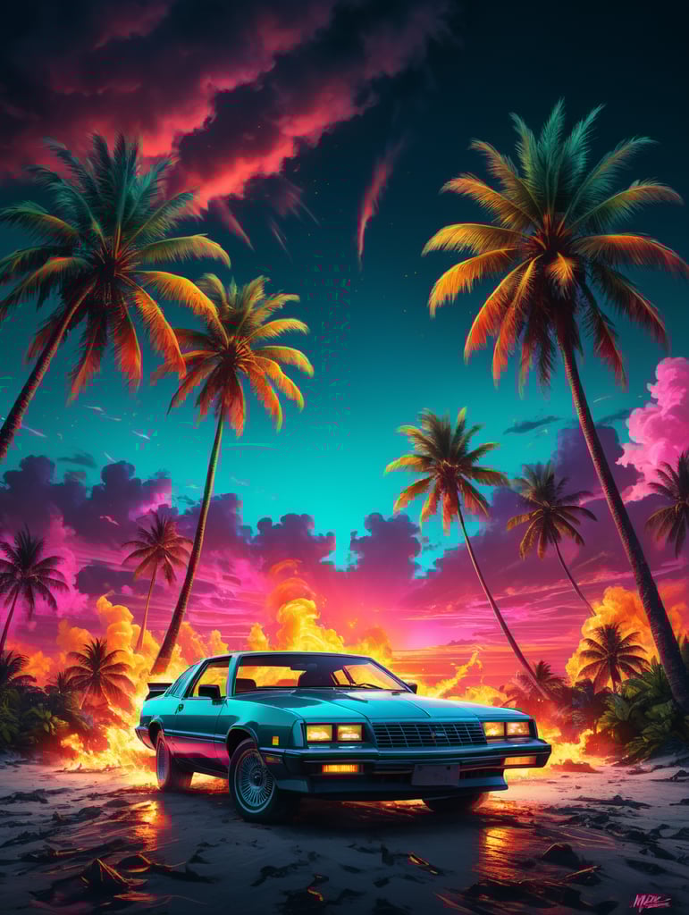 sunsets and palm trees miami vice version, 80's, palm trees on fire, retro party poster, neon vibrant colors,