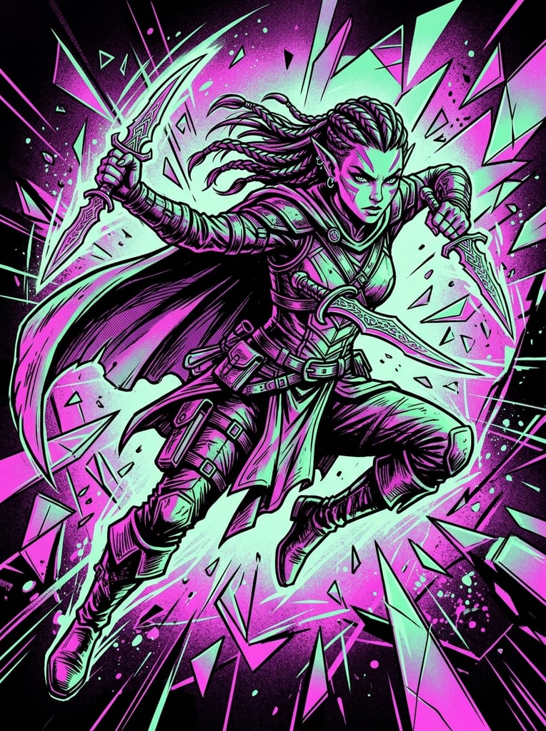 A fierce elven rogue strikes a dynamic combat pose wielding dual ornate daggers. Rendered in a high-contrast graphic pop-art illustration style featuring a vibrant duotone palette of hot magenta and mint green with harsh black inked shadows and floating geometric shards.