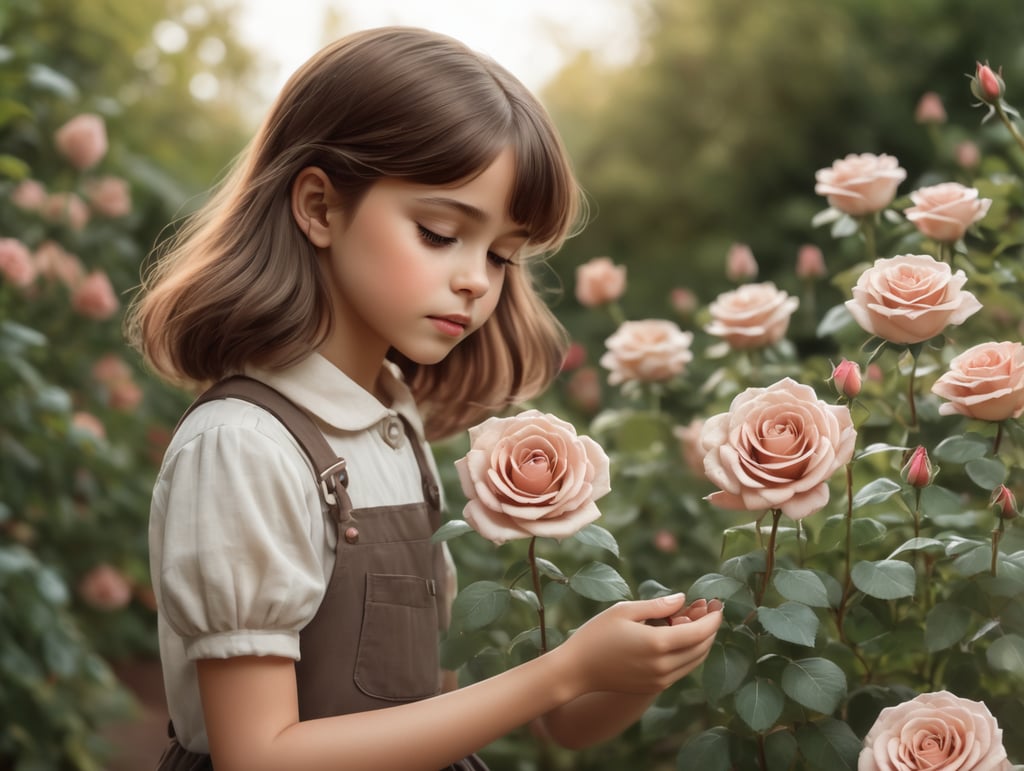A young 2D girl with brown hair is touching her roses in her garden.