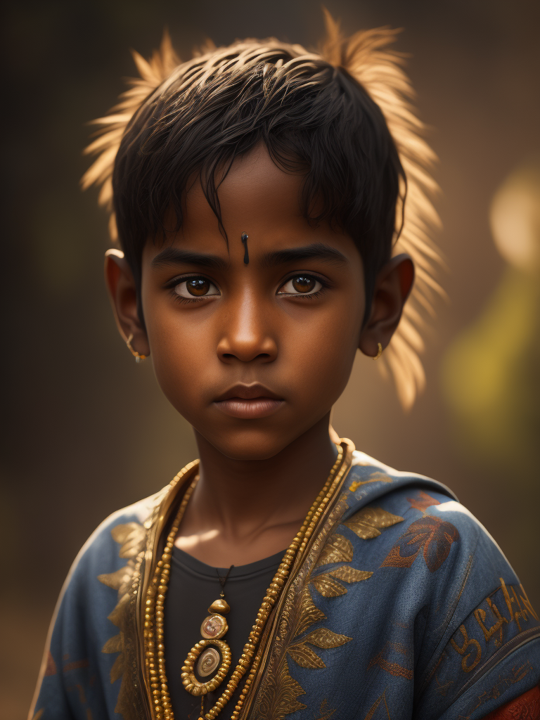 Portrait of an Brazilian Indian child, high definition, photography, cinematic, detailed character portrait, detailed and intricate environment