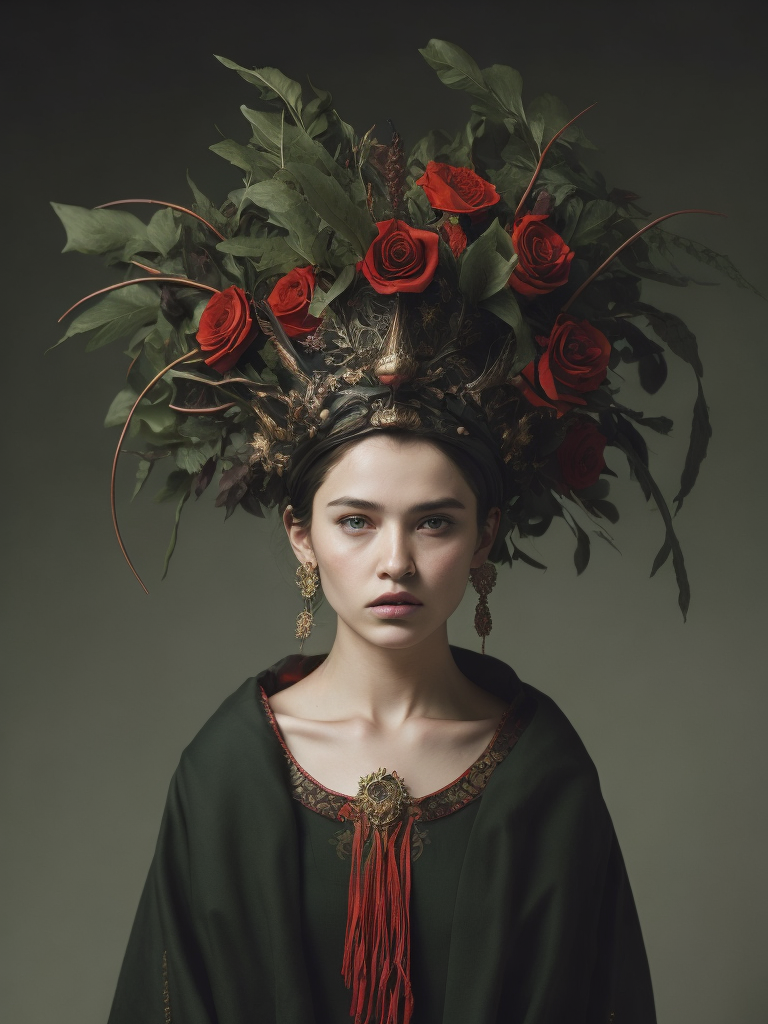 a girl wears a headdress with horns on it, in the style of hyperrealistic wildlife portraits, dark green and red, sofonisba anguissola, bess hamiti, medieval art, naturalistic depictions of flora and fauna, glen orbik