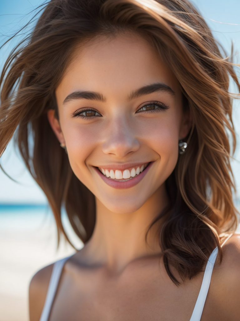 A cute and smiling young skinny girl in small bikini on the beach, ocean in the background in the distance. Light, clear, sharp and colorful high-resolution picture.