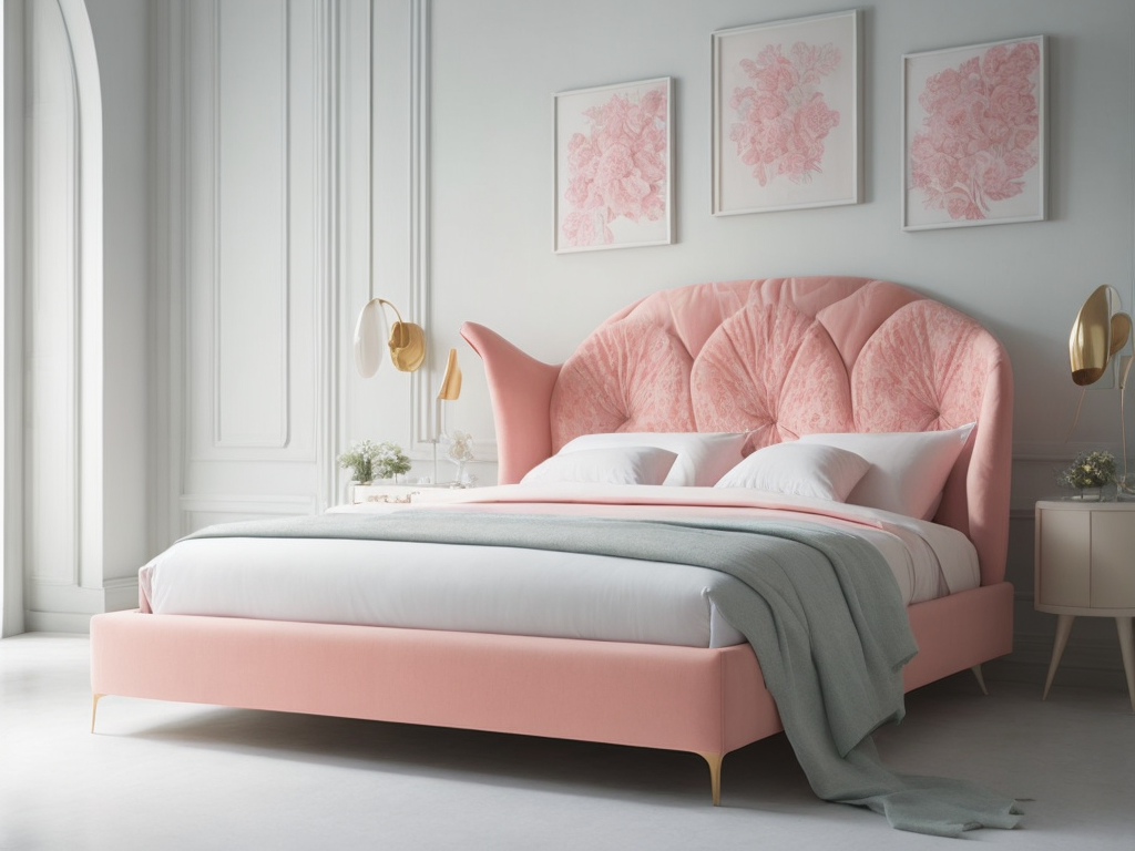 Bed. pinin farina , italian design, mix futuristic and art nouveau ,awesome,CORAL COLOR flowers print velvet, modern design , martin brudnisky Design Studio IN THE BOTTOM OF THE OCEAN armani milano cinematic, render, uktrasofisticated