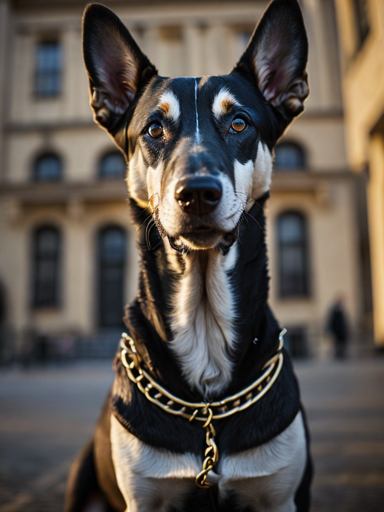 Podengo dog, golden chain, aggresive look, in front of a castle, dramatic Lighting, Depth of field, Incredibly high detailed, deep colors, professional photo