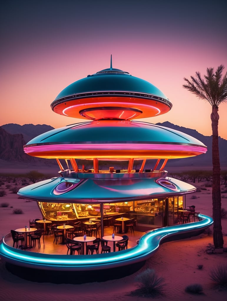 futuristic ufo cafe, desert, an night, neon, glass