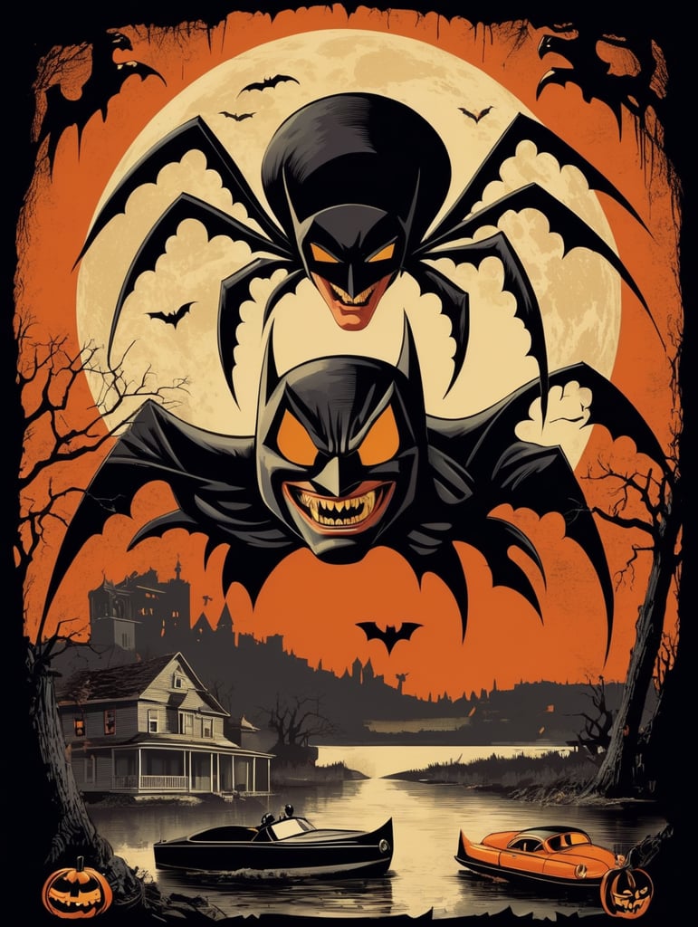 1950's b-movie horror halloween t-shirt print design featuring a giant batman shape