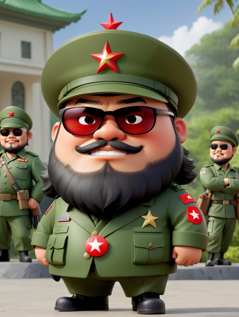 Che guevara Chubby and fat funny cute version with chinese soldier hat with red star pin,big and long hairy beard wear sun glasses square like guerilla, wearing green army jacket from vietnam wars background oval room white house