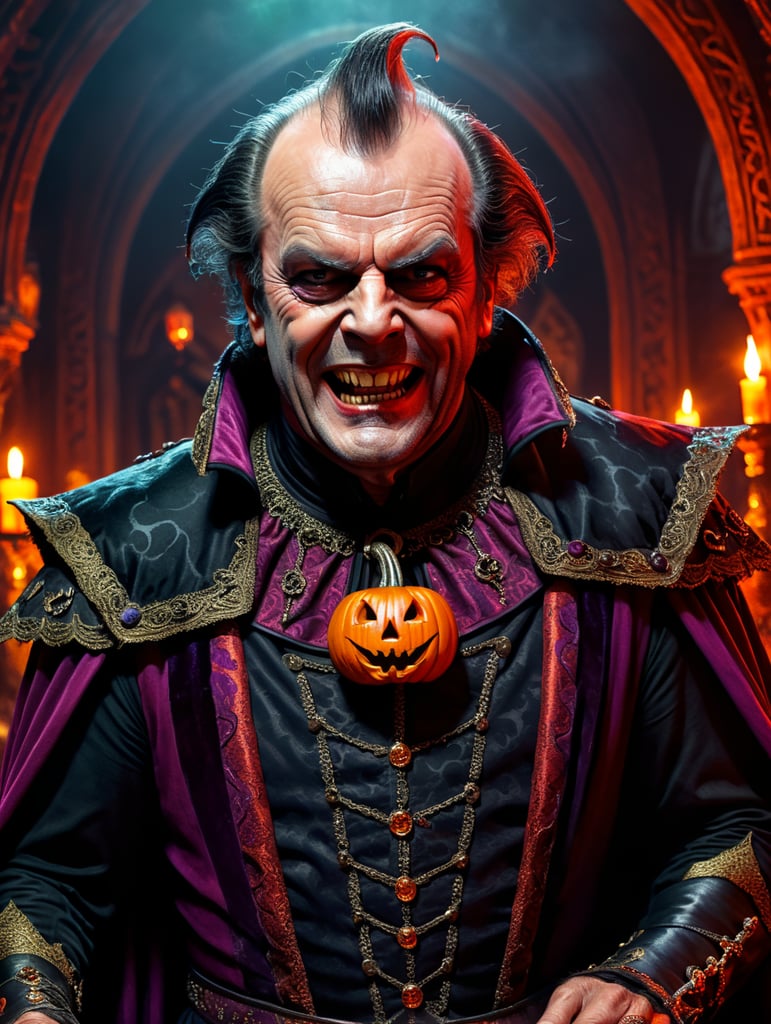 Jack Nicholson as Drakula wearing spooky Halloween costume, Vivid saturated colors, Contrast color