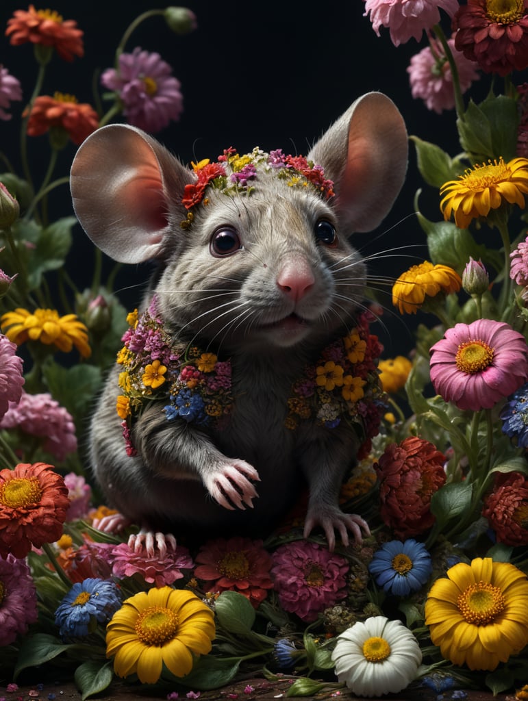 A mouse in flowers with contrasting colors