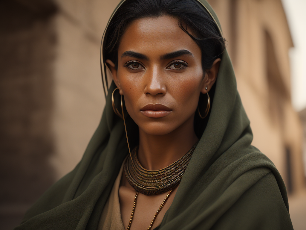 a photorealistic image of an Berber woman from the Bible,National Geographic style, she has a noise ring piercing, face line minimalist tattoos, side view, crossed hands, brown eyes, olive skin, she wears see green and blue wrinkled linen tunic, tanned, hair flowing in the wind, extremely detailed, realistic face, natural skin texture, extremely detailed skin with skin pores, peach fuzz, wearing red linen clothes, Israeli beauty, award winning photo, nikon d850 film archival photography, extremely detailed, amazing, fine details, rich color, texture hyper realistic, spectacular lighting, unreal engine, trending on artstation, 3 4 body view, realistic photo, RAW photo, high quality, high resolution, sharp