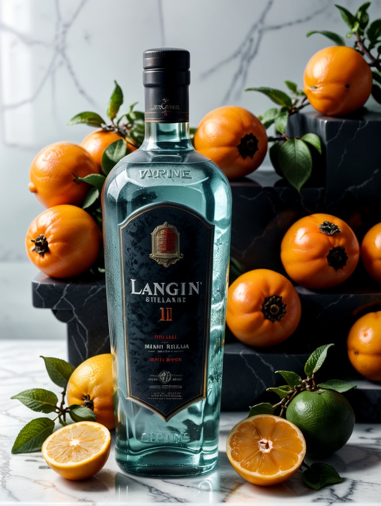professional photo of a gin bottle on a white marble table surrounded by lemons, persimmons and mint, natural light